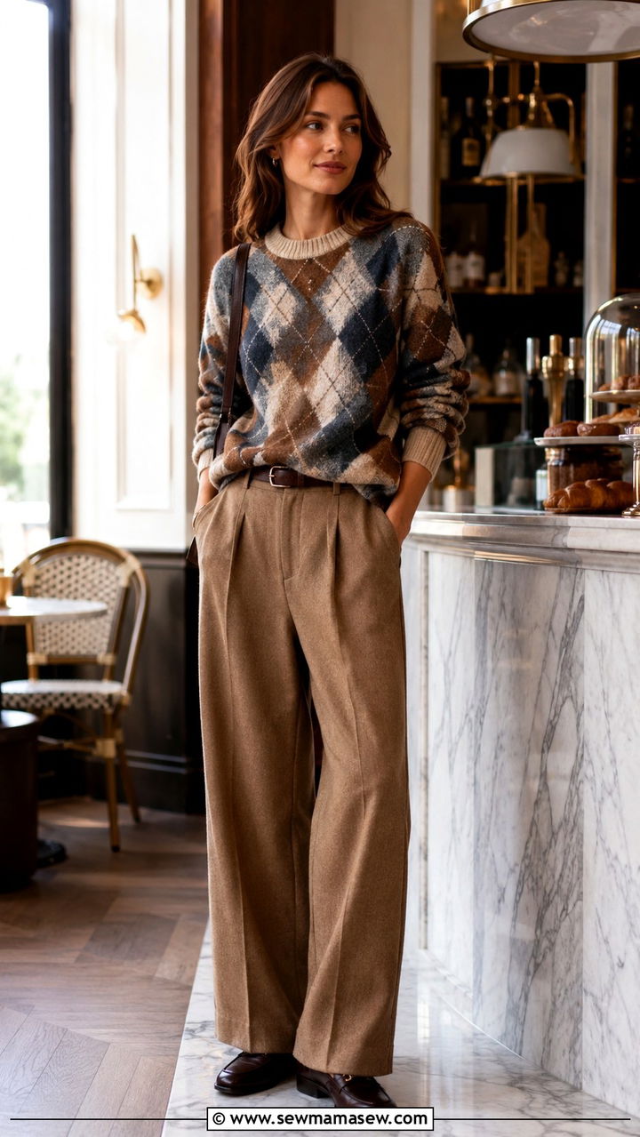 Argyle sweater with wide leg trousers and penny loafers - 20 Eclectic grandpa outfit ideas 2026