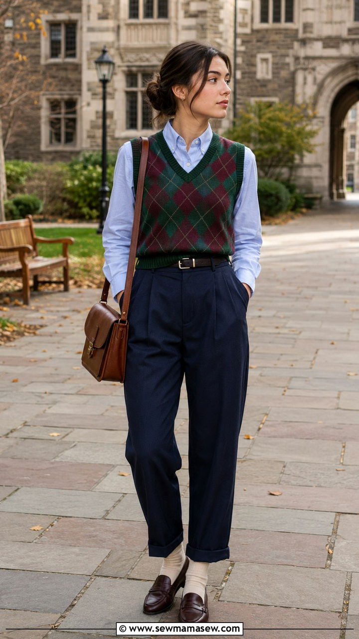 Argyle vest with button down and pleated trousers - 30 Grandma chic outfit ideas