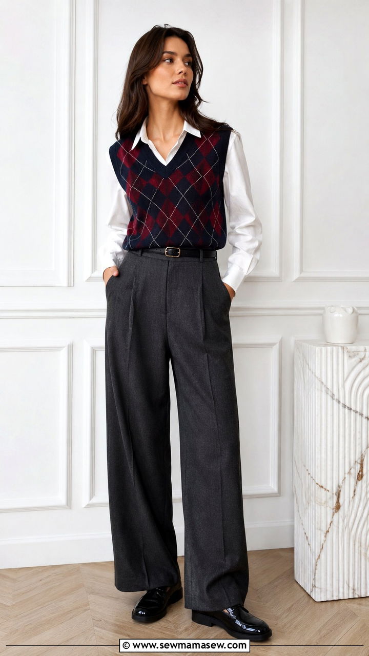 Argyle vest with wide leg trousers outfit - 20 casual librarian core outfits