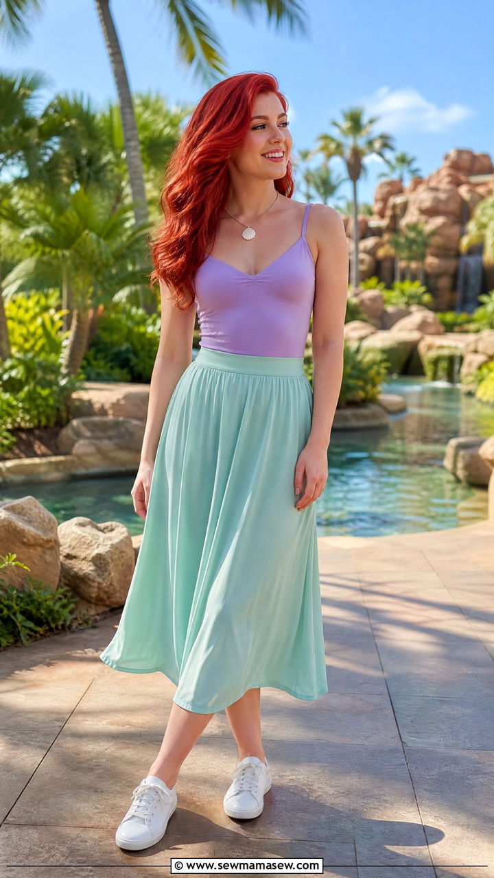Ariel Inspired Purple Top With Green Bottoms And Shell Jewelry - 40 Disney trip outfit ideas