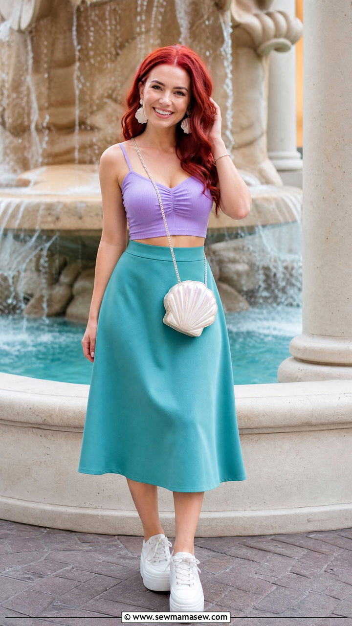 Ariel purple crop top with teal mermaid skirt and shell jewelry - 30 Disney outfit ideas for honeymoon