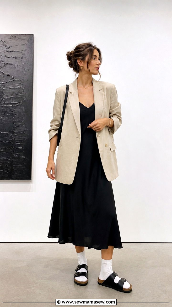 Arizona sandals with chunky socks and flowy midi dress - 40 Birkenstocks outfit ideas