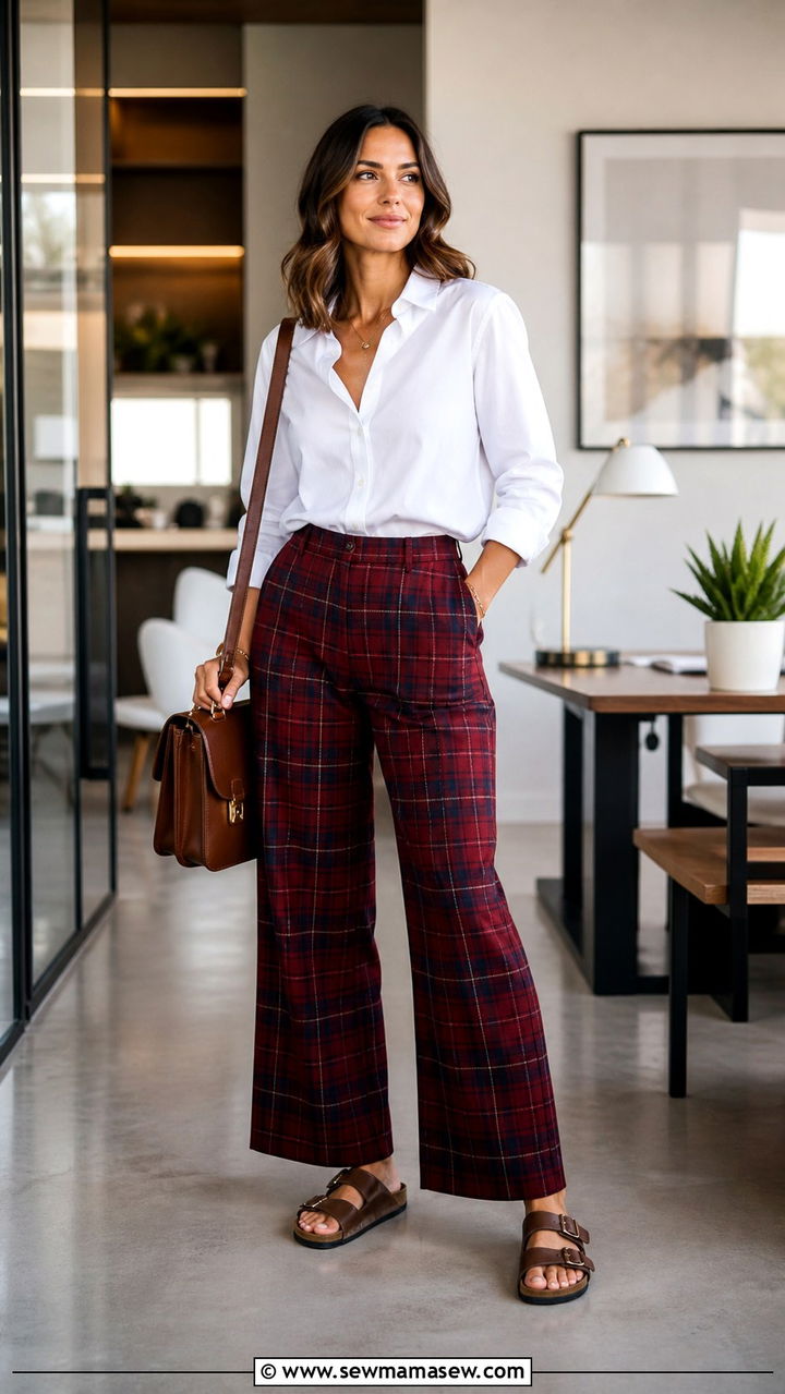 Arizona sandals with tartan wide leg pants and white button up - 40 Birkenstocks outfit ideas