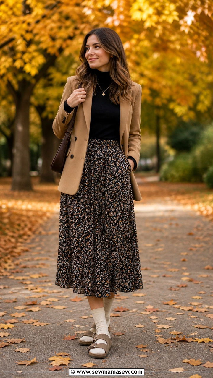 Arizona sandals with wool socks and midi skirt - 40 Birkenstocks outfit ideas