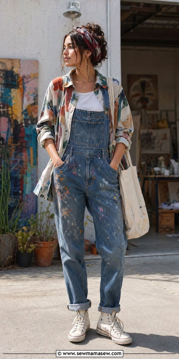 Art Hoe Patterned Button Up and Paint Splattered Overalls Outfit - 35 aesthetic outfits