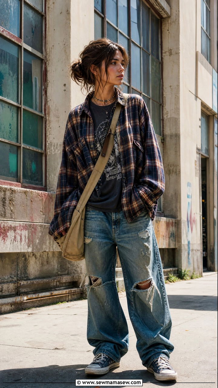 Art School Flannel And Distressed Baggy Jeans Outfit - 25 Fashion for college sophomore