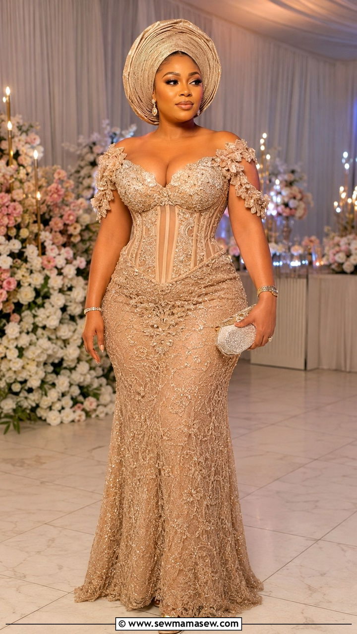 Aso Ebi Corset Gown With Structured Gele - 25 Wedding guest outfit ideas Nigerian wedding