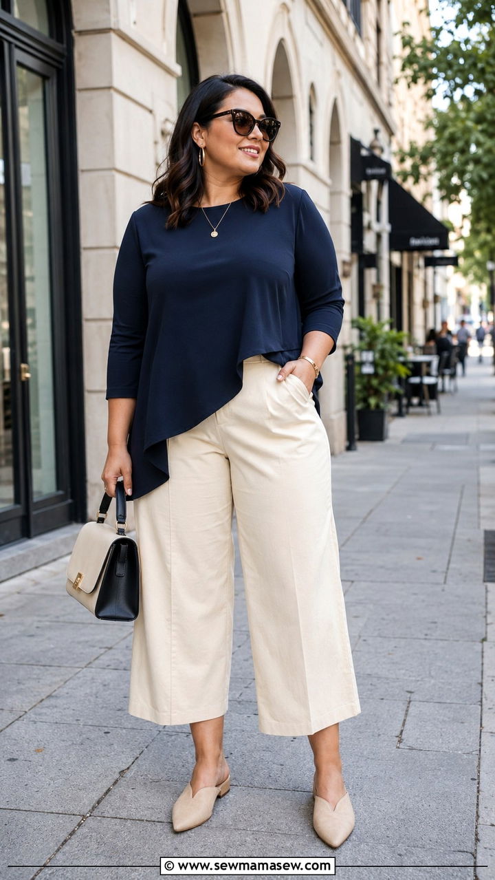 Asymmetric Hem Blouse With High Waisted Cropped Wide Leg Pants - 25 Outfit ideas for curvy upper body