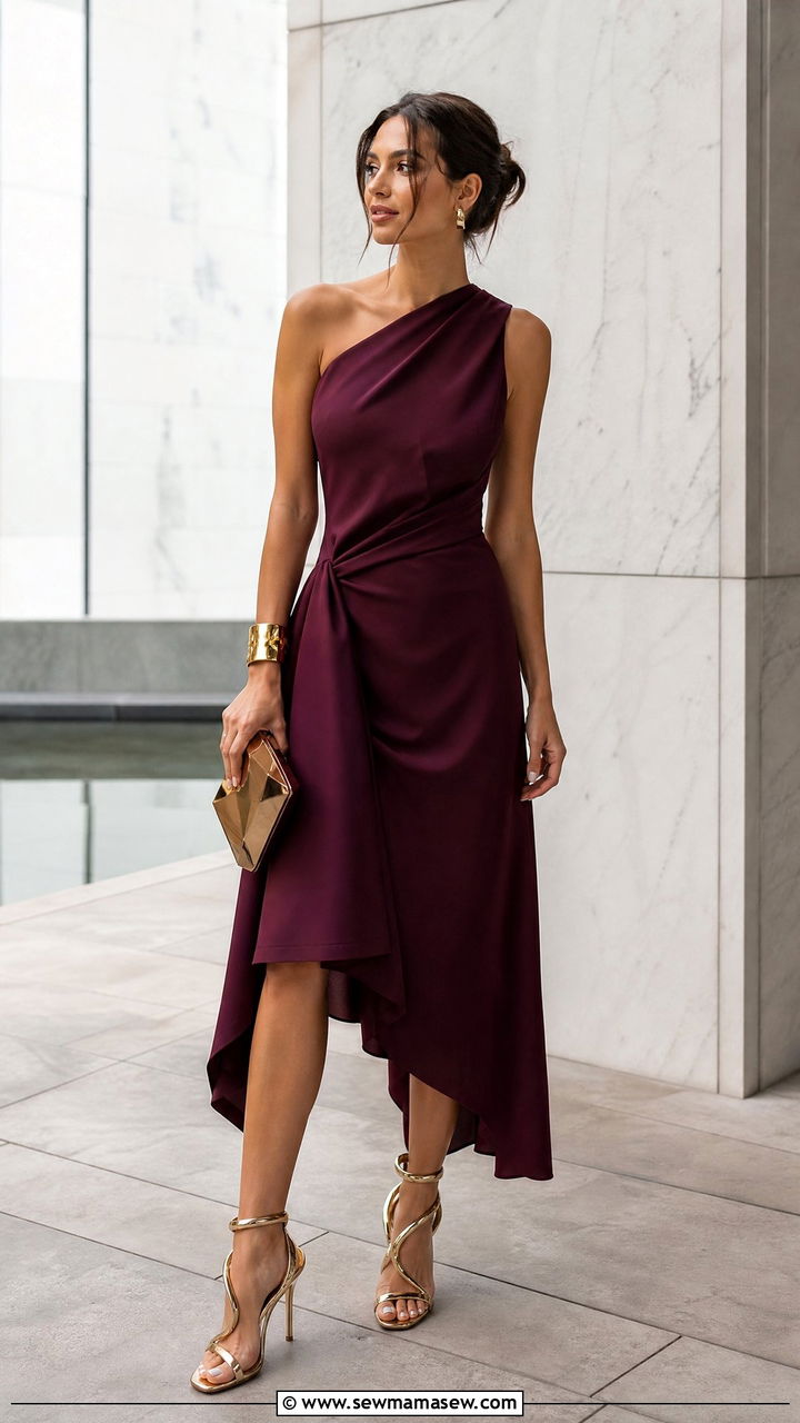 Asymmetric Hem Midi Dress With Sculptural Heels - 30 Cocktail wedding guest outfits