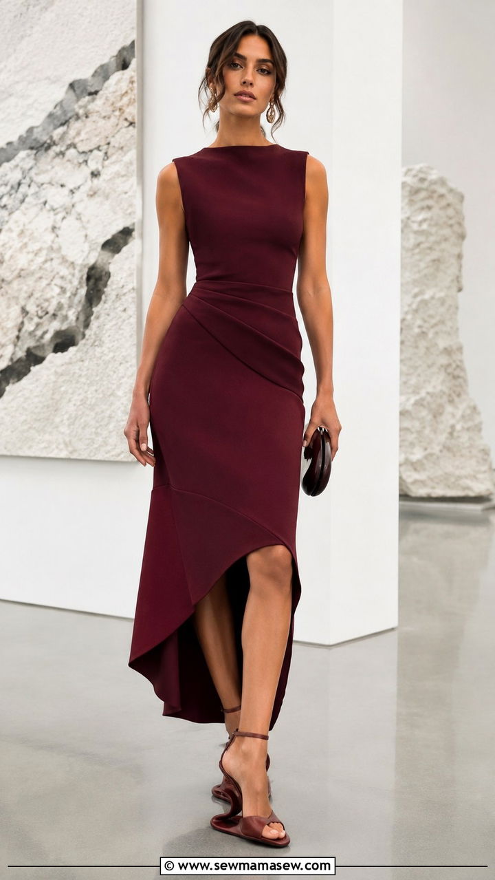 Asymmetric Hem Midi Dress With Sculptural Heels - 30 Midi dress outfit ideas with heels