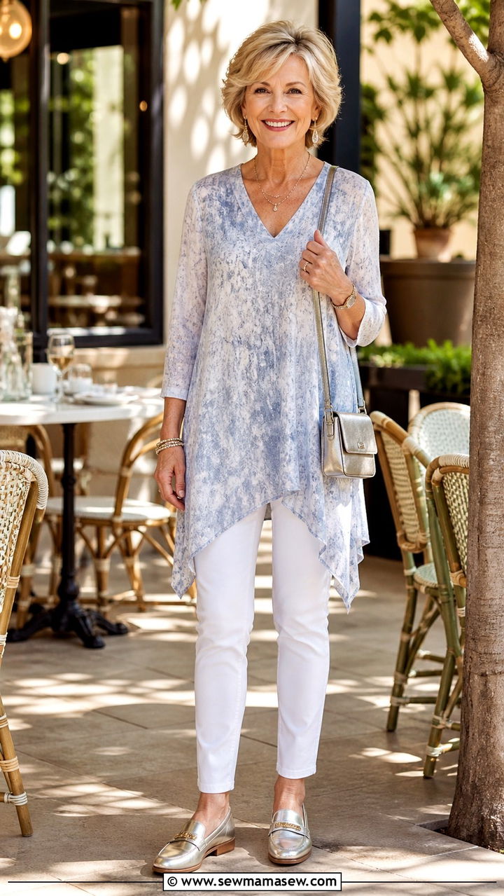 Asymmetric Hem Tunic With White Slim Jeans - 20 Apple shape outfits for women over 60