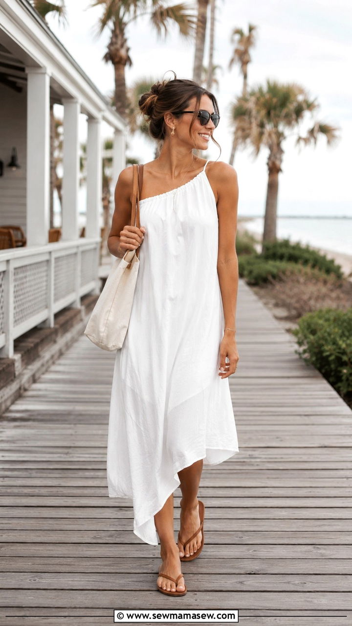 Asymmetric Midi Dress With Flat Flip Flops - 30 Midi dress outfit ideas with sandals