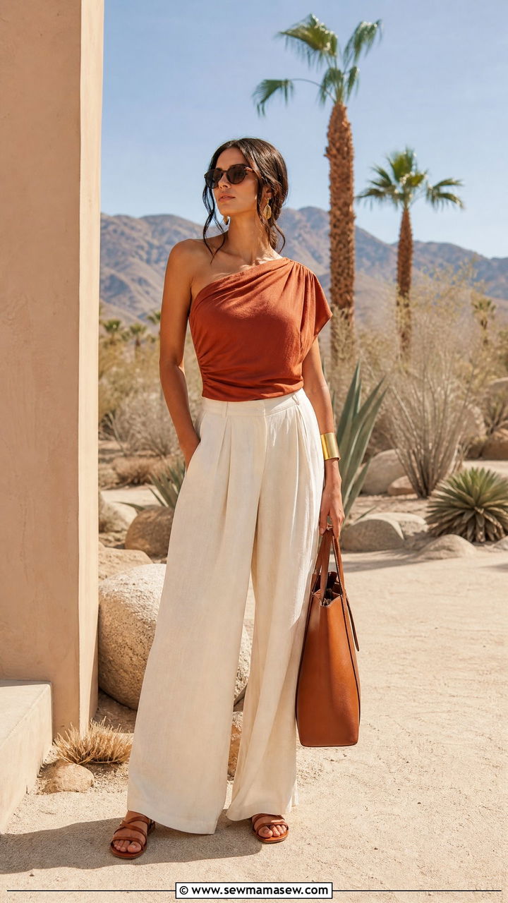 Asymmetric One Shoulder Top with Wide Leg Linen Pants - 25 classy Coachella outfits