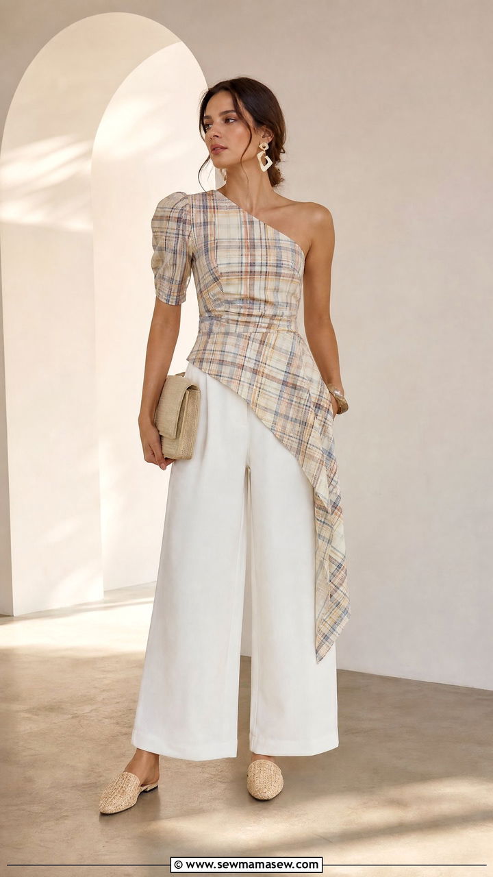 Asymmetric Plaid Top With Wide White Pants - 25 Laid back spring outfit ideas 2026