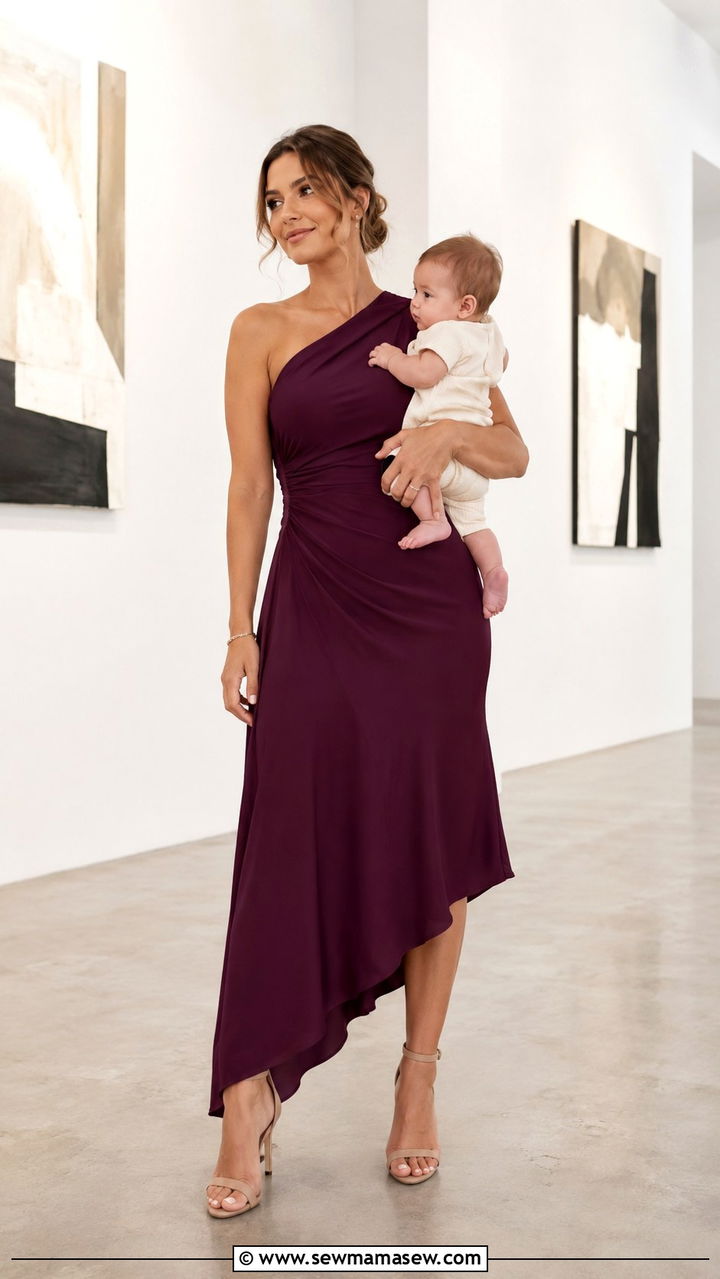 Asymmetric hem maxi dress with heeled sandals - 25 wedding guest outfits for postpartum women