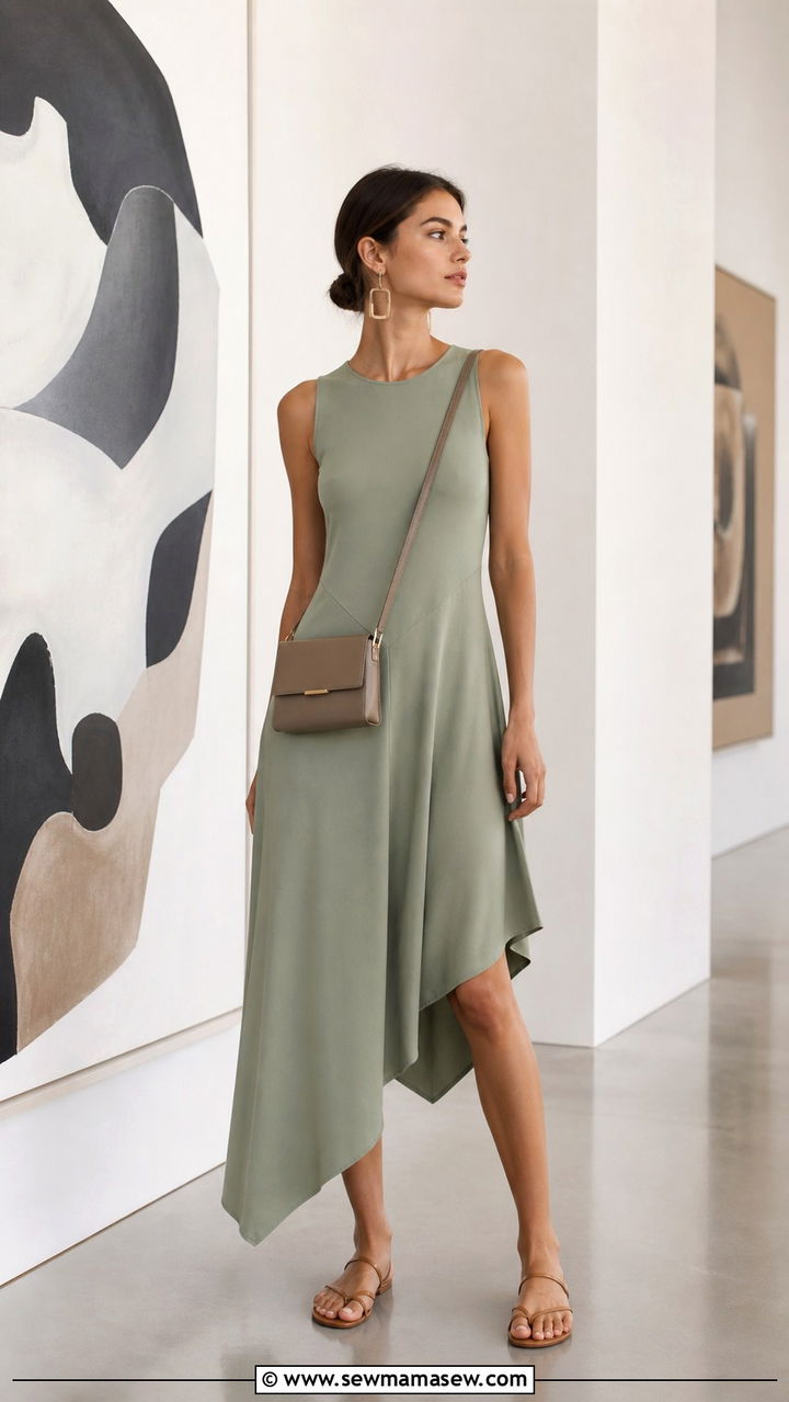 Asymmetric hem midi dress with minimalist sandals - 40 Summer outfits with dresses