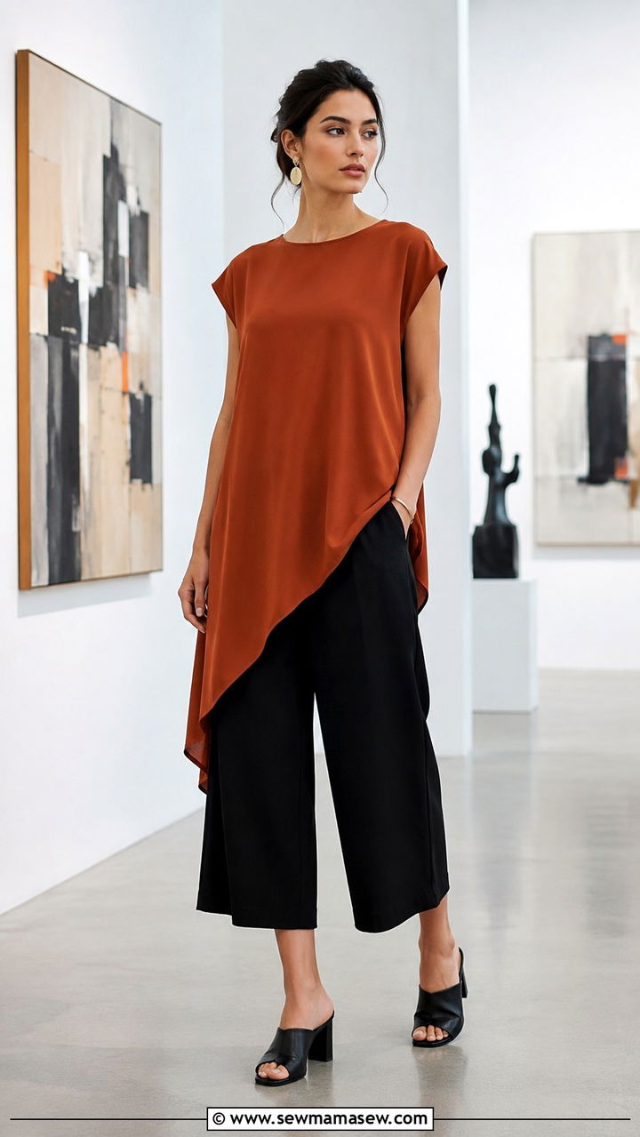 Asymmetric tunic with culottes outfit - 25 Outfit ideas for inverted triangle shape