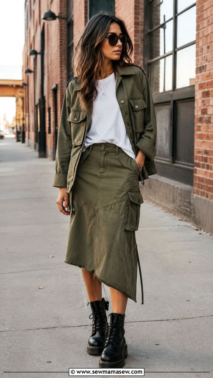 Asymmetrical Cargo Skirt With Utility Jacket And Chunky Boots - 25 Asymmetrical skirt outfit ideas
