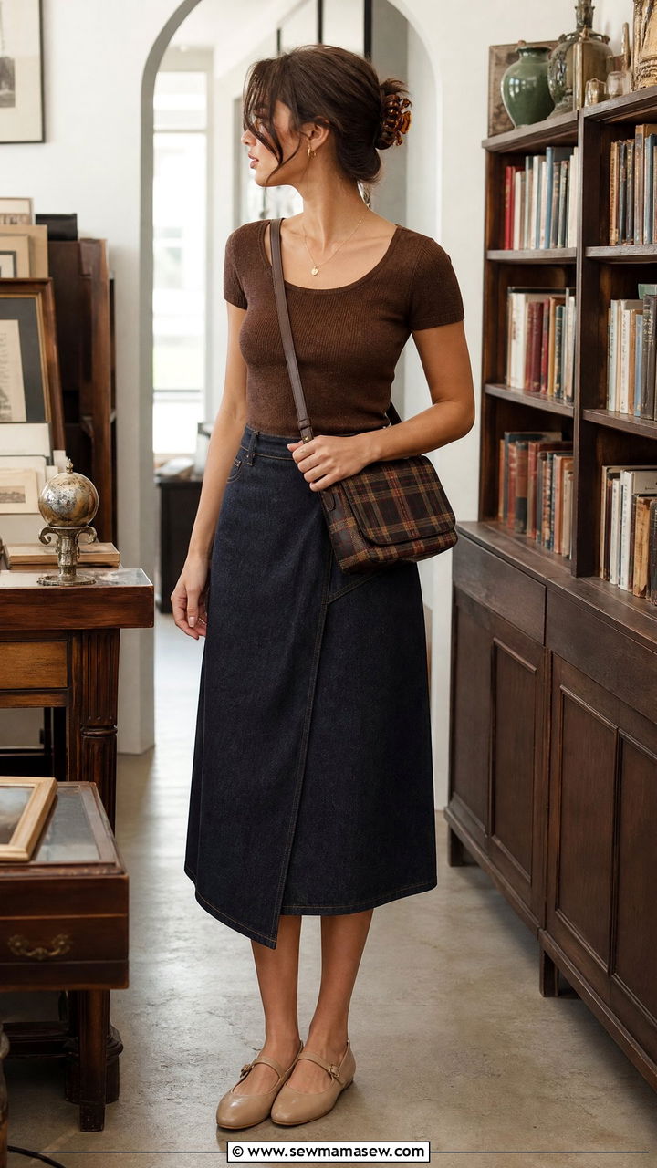Asymmetrical Denim Skirt with Scoop Neck Tee - 30 summer dark academia outfits