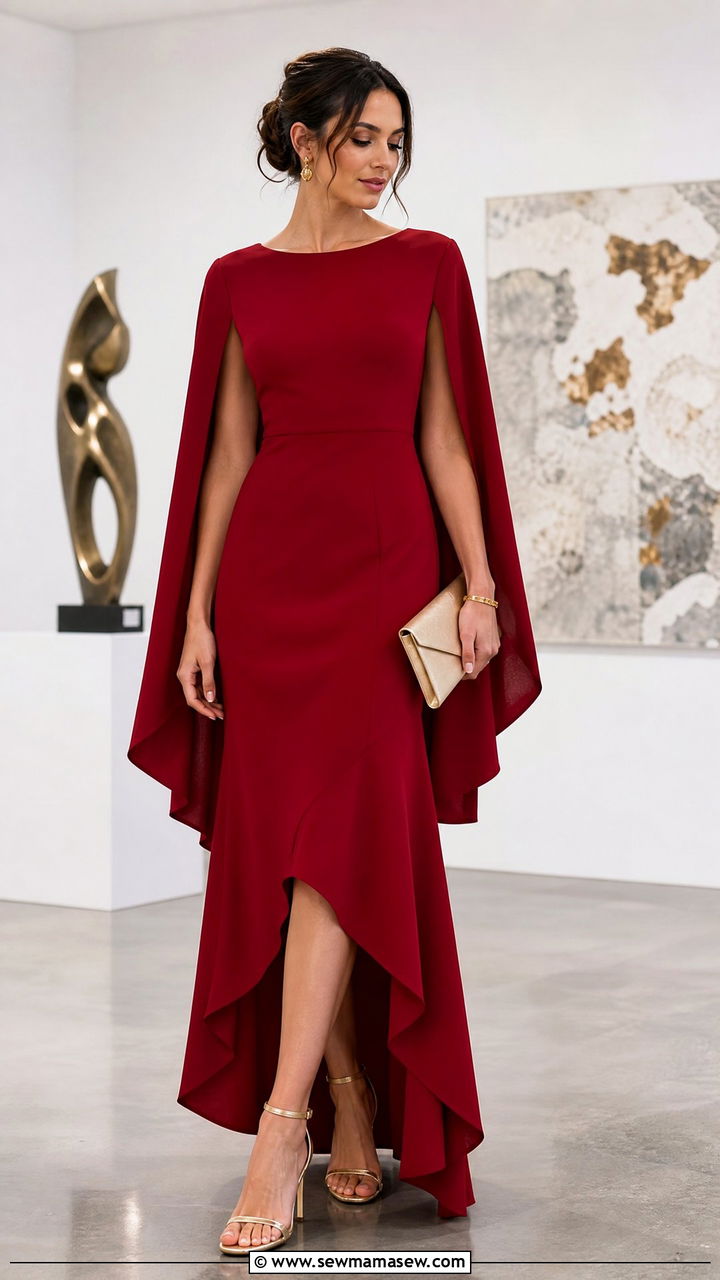 Asymmetrical Hem Cape Sleeve Gown - 20 Wedding guest outfit ideas with cape sleeves