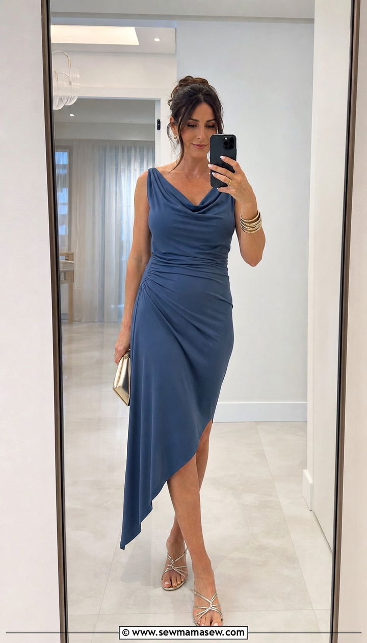 Asymmetrical Hem Dress with Strappy Low Heel Sandals - 25 summer outfits for apple shaped body