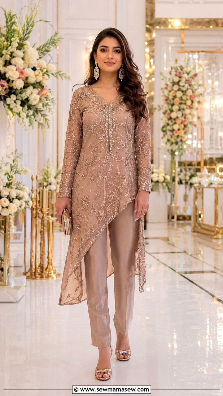 Asymmetrical Hem Tunic Over Pants - 25 wedding guest outfits for women with big bust
