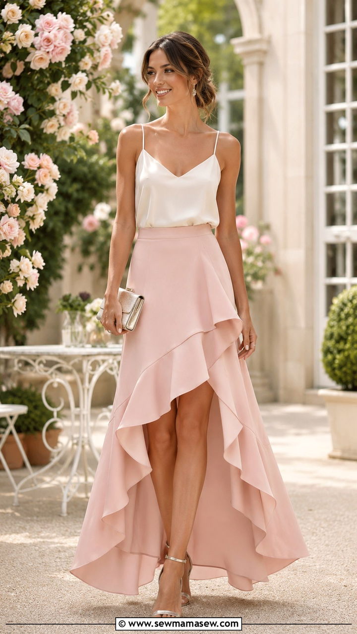 Asymmetrical High Low Skirt With Strappy Heels And Clutch - 25 Asymmetrical skirt outfit ideas