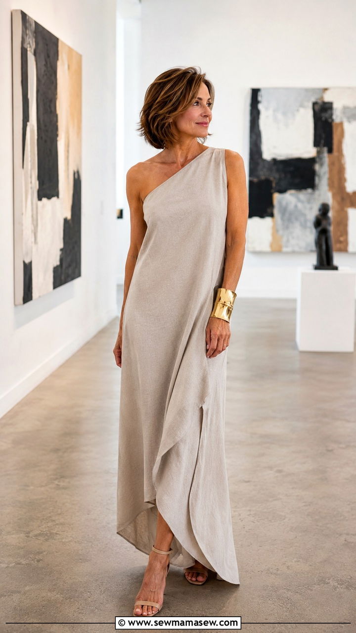 Asymmetrical Maxi Dress With Minimal Jewelry - 30 maxi dress outfits for women over 40