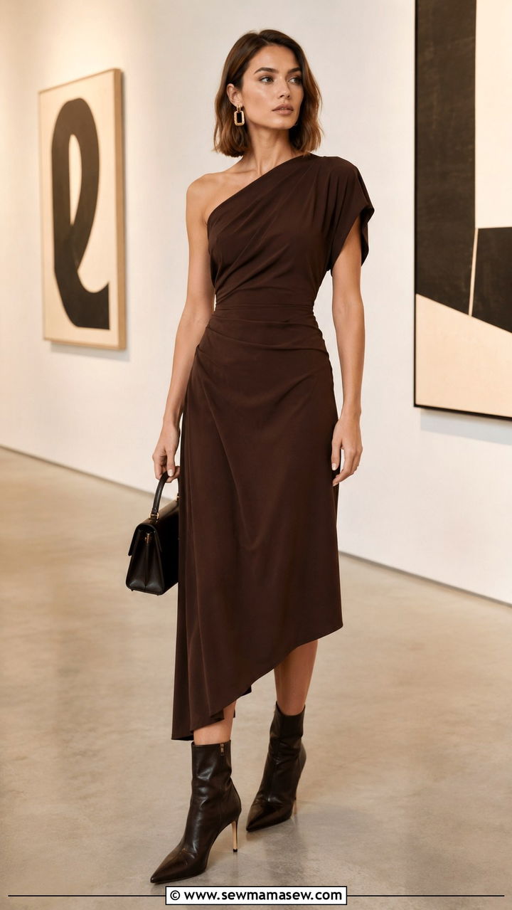 Asymmetrical Midi Dress With Pointed Toe Boots - 30 Midi dress outfit ideas with boots