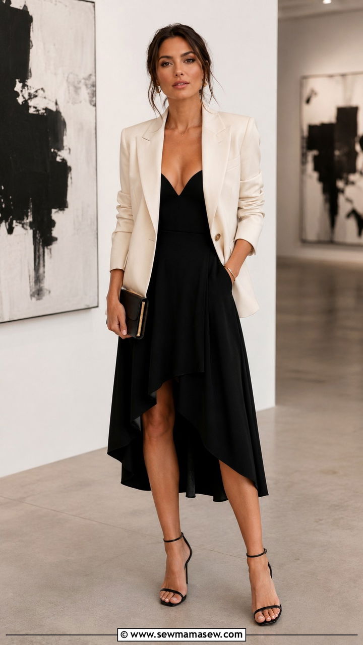 Asymmetrical Midi Skirt With a Blazer - 30 Midi skirt outfit ideas with a blazer
