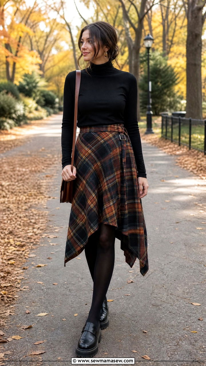 Asymmetrical Plaid Skirt With Black Turtleneck And Loafers - 25 Asymmetrical skirt outfit ideas