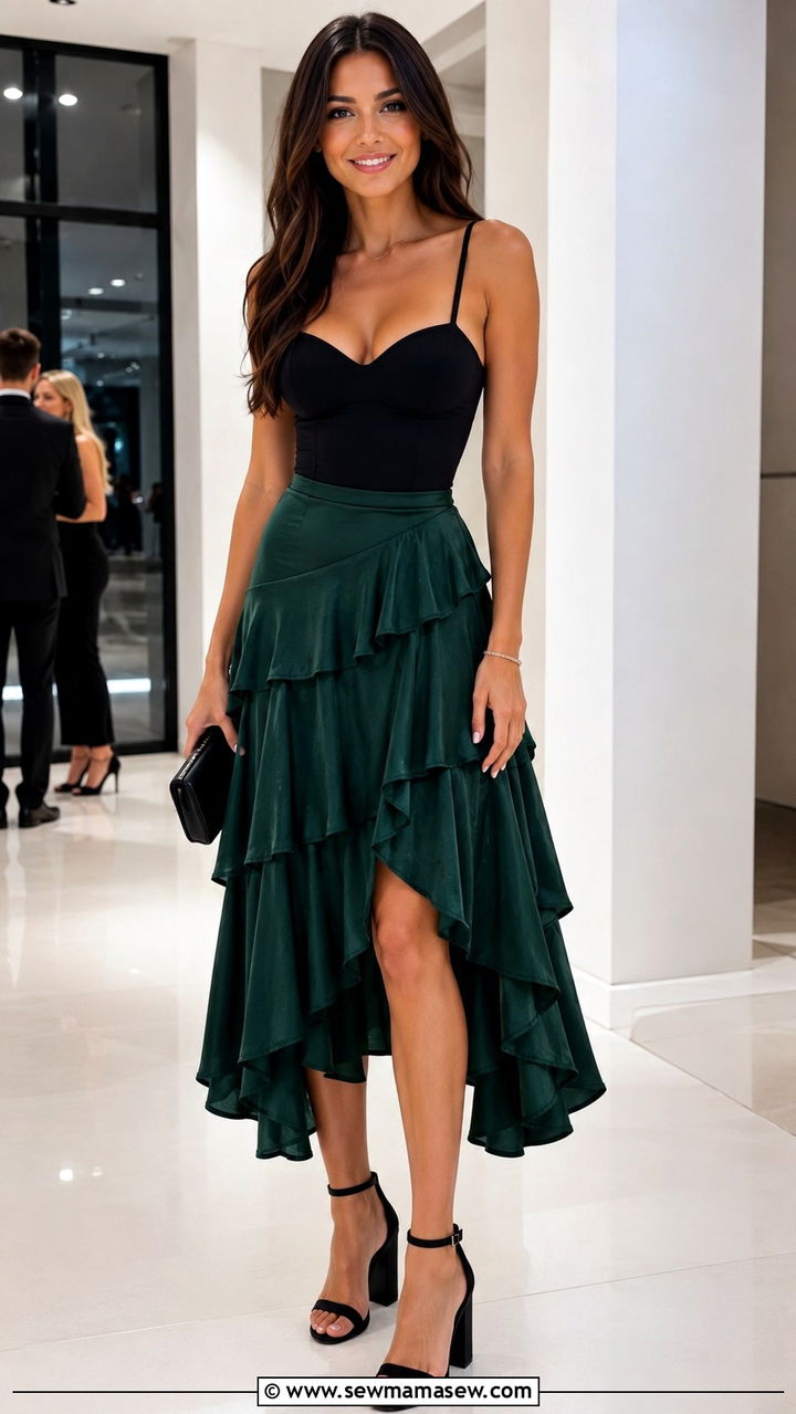 Asymmetrical Tiered Skirt With Fitted Bodysuit And Block Heels - 25 Asymmetrical skirt outfit ideas