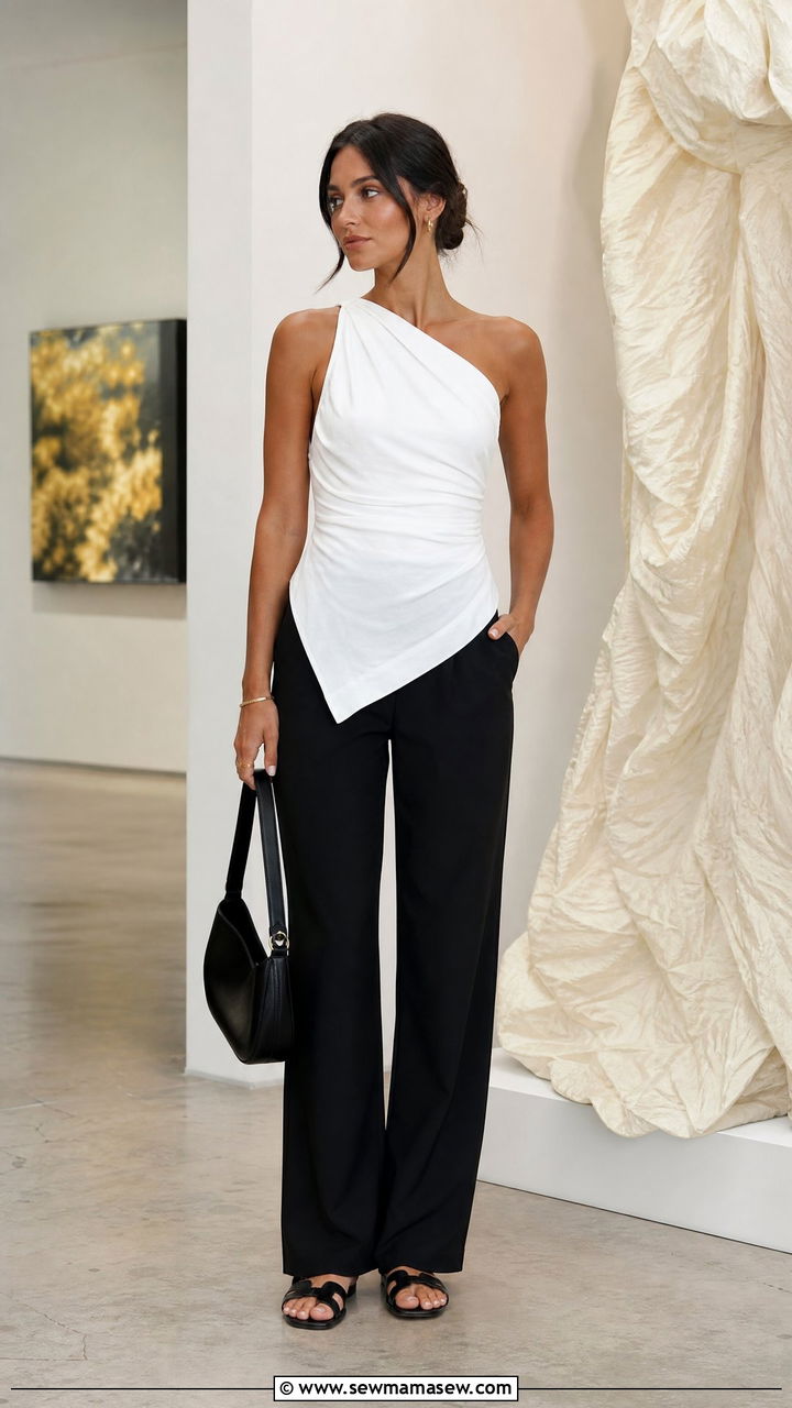 Asymmetrical Top with Straight Trousers - 35 hot weather outfits 2026