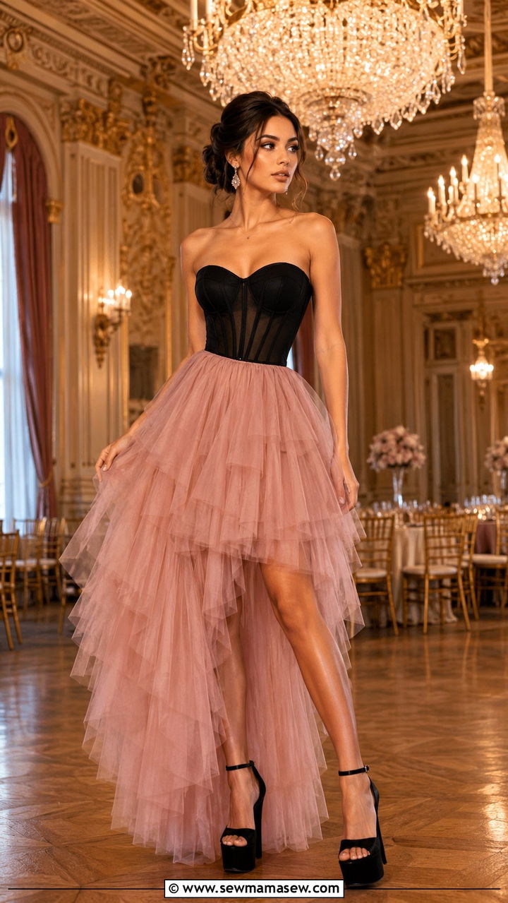 Asymmetrical Tulle Skirt With Corset Top And Platform Heels - 25 Asymmetrical skirt outfit ideas