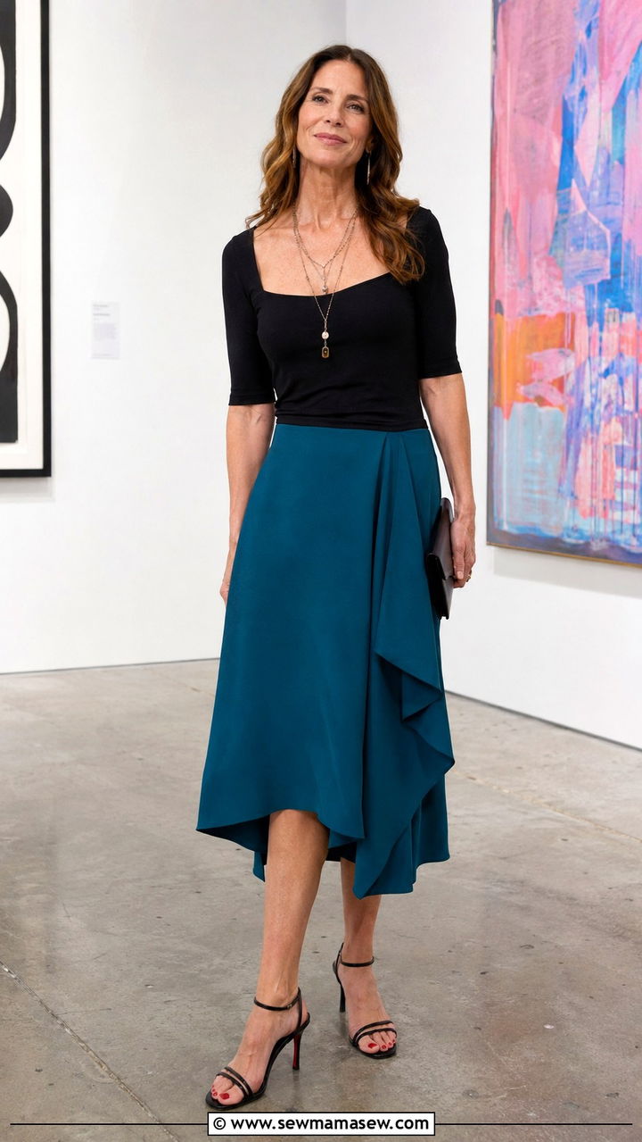 Asymmetrical hem midi skirt with a fitted top for tall women over 50 - 30 Tall outfits for women over 50