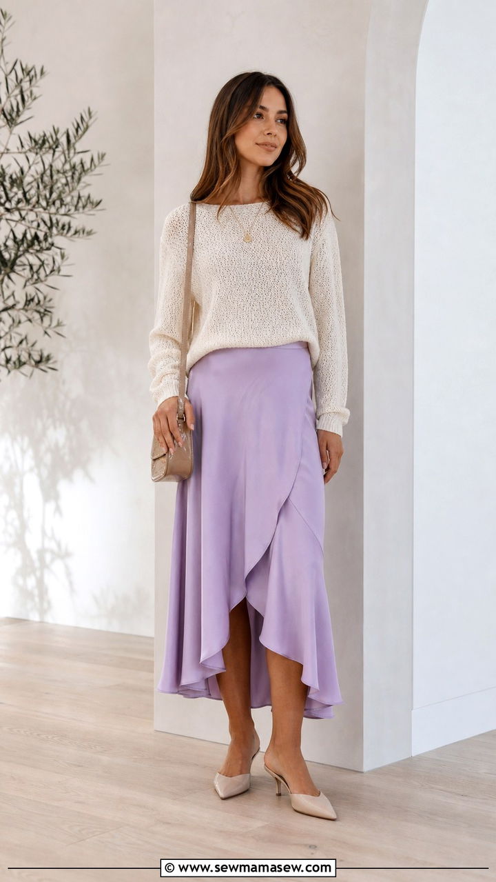 Asymmetrical midi skirt and knit sweater outfit - 40 Spring style ideas