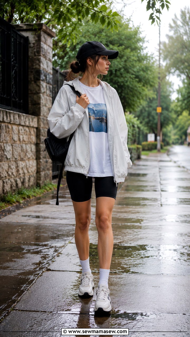 Athleisure Biker Shorts with Zip Up Jacket - 25 rainy day outfits aesthetic