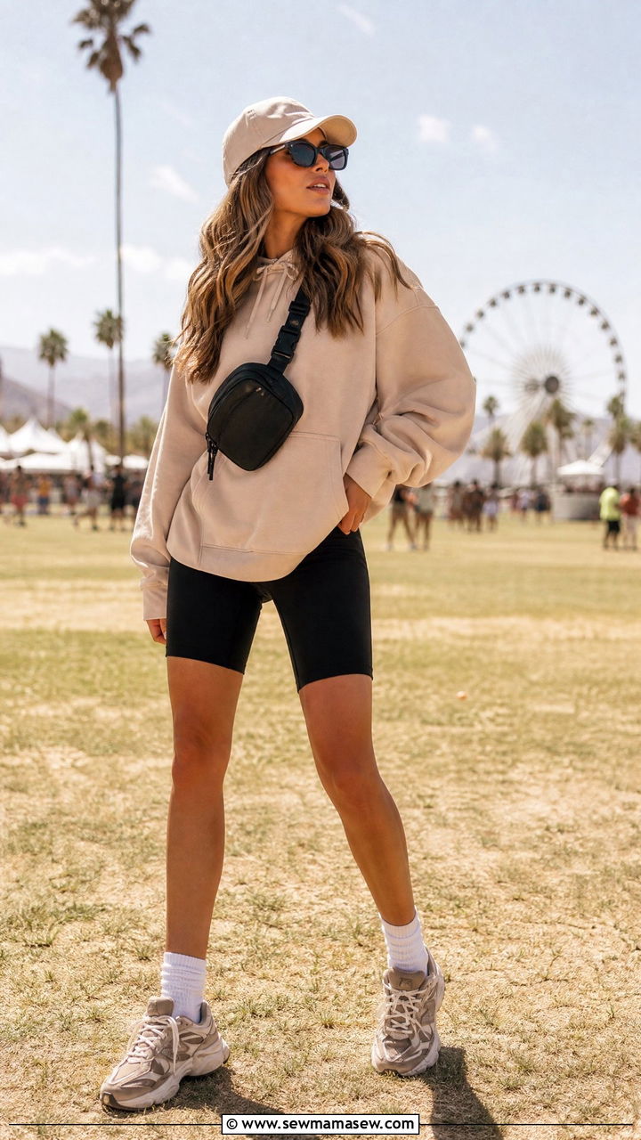 Athleisure Hoodie And Biker Shorts Outfit - 20 Coachella weekend 1 outfit ideas 2026