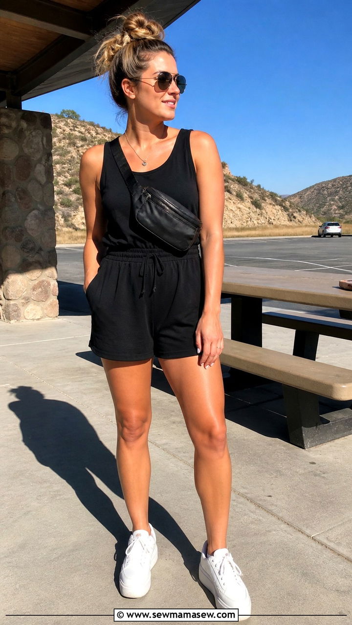 Athleisure Romper With Platform Sneakers - 40 Road trip outfit ideas