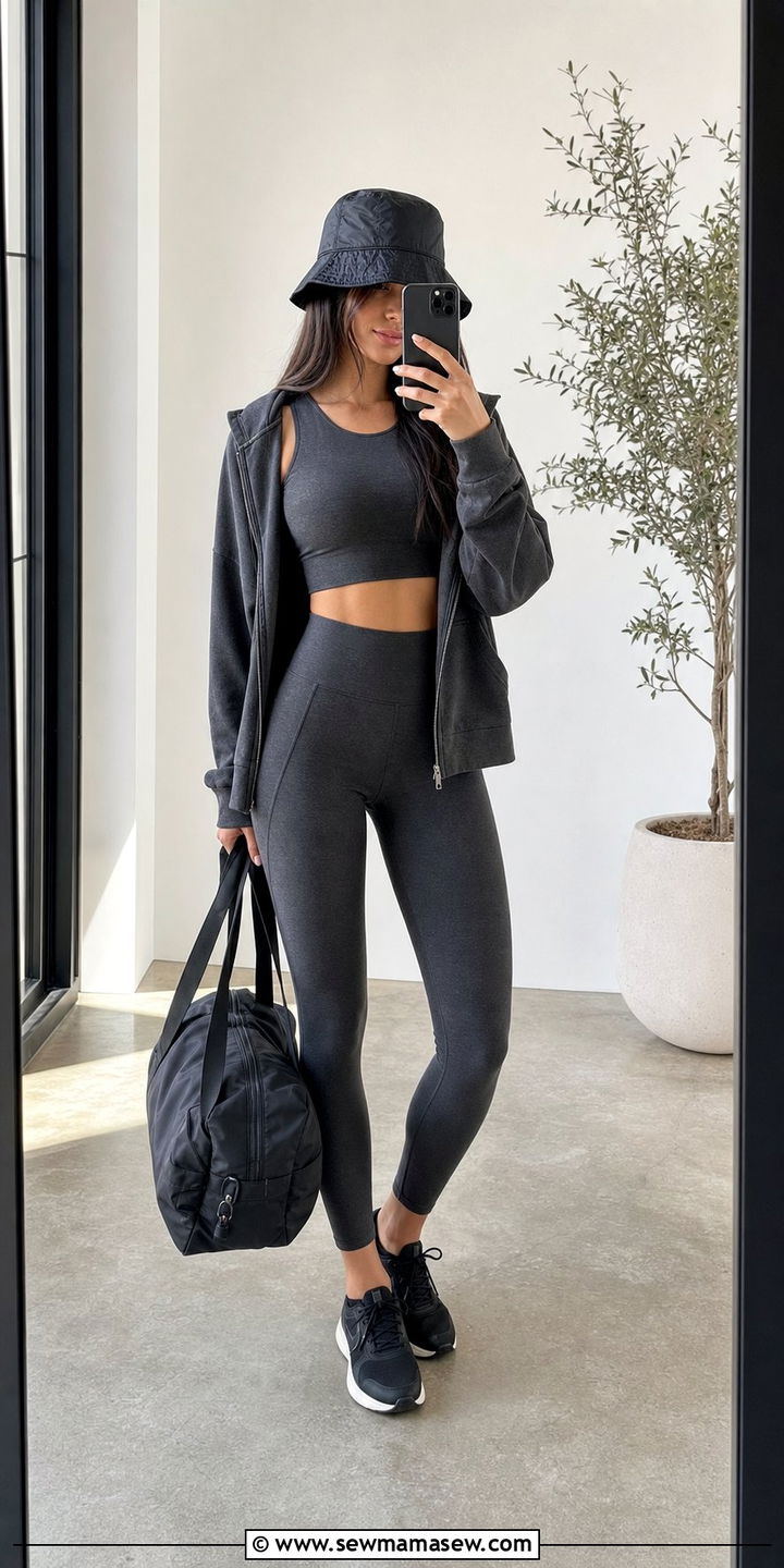 Athleisure Set with Crop Top and Leggings - 35 Bucket hat outfit ideas