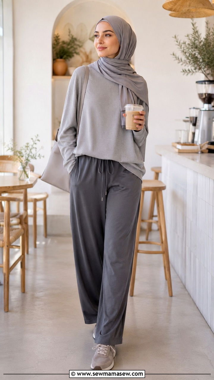 Athleisure sweater knit top with drapey trousers and draped sports hijab - 25 Modest running outfit ideas with hijab