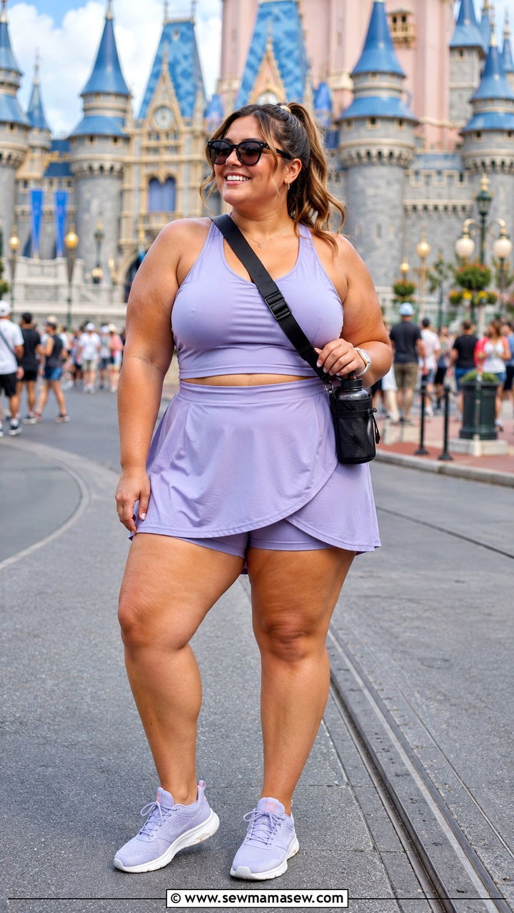 Athletic Skirt Performance Top and Lightweight Running Shoes - 30 Plus size theme park outfit ideas