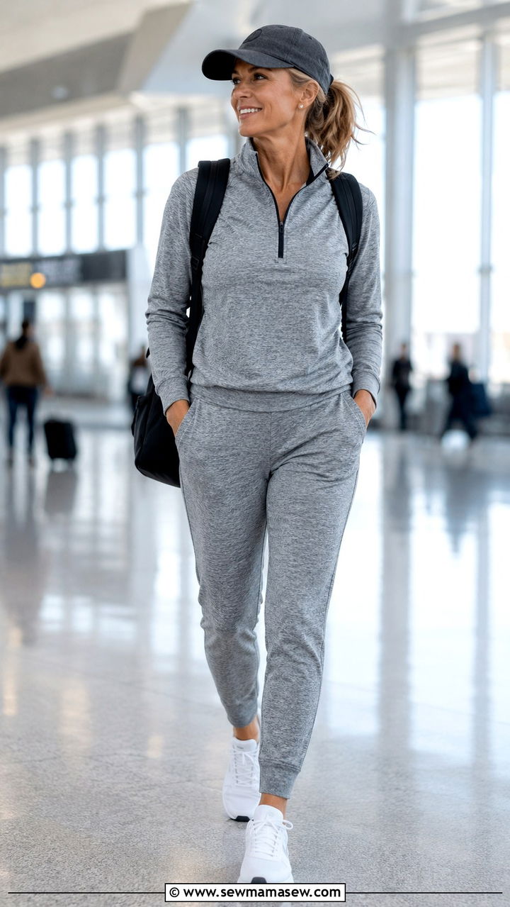 Athletic Zip Up Set Plane Outfit Over 50 - 25 What to wear on a plane over 50