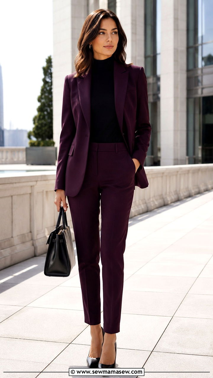 Aubergine fitted suit and black top outfit - 20 Quiet luxury outfit ideas Kate Middleton