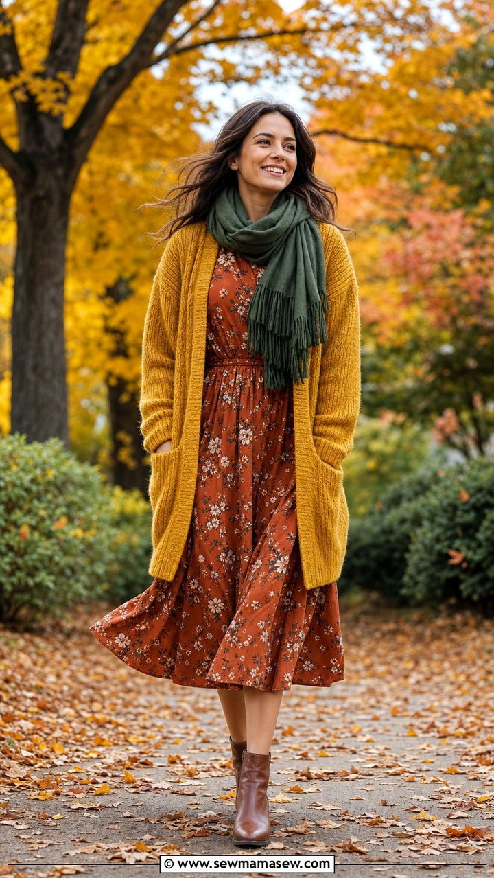 Autumn Fairy Long Sleeve Floral Dress with Knit Cardigan - 25 fairycore capsule wardrobe outfits