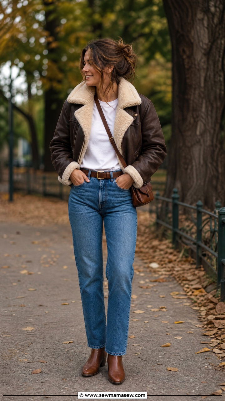 Aviator Jacket And White T Shirt With High Waisted Jeans - 35 jacket outfits