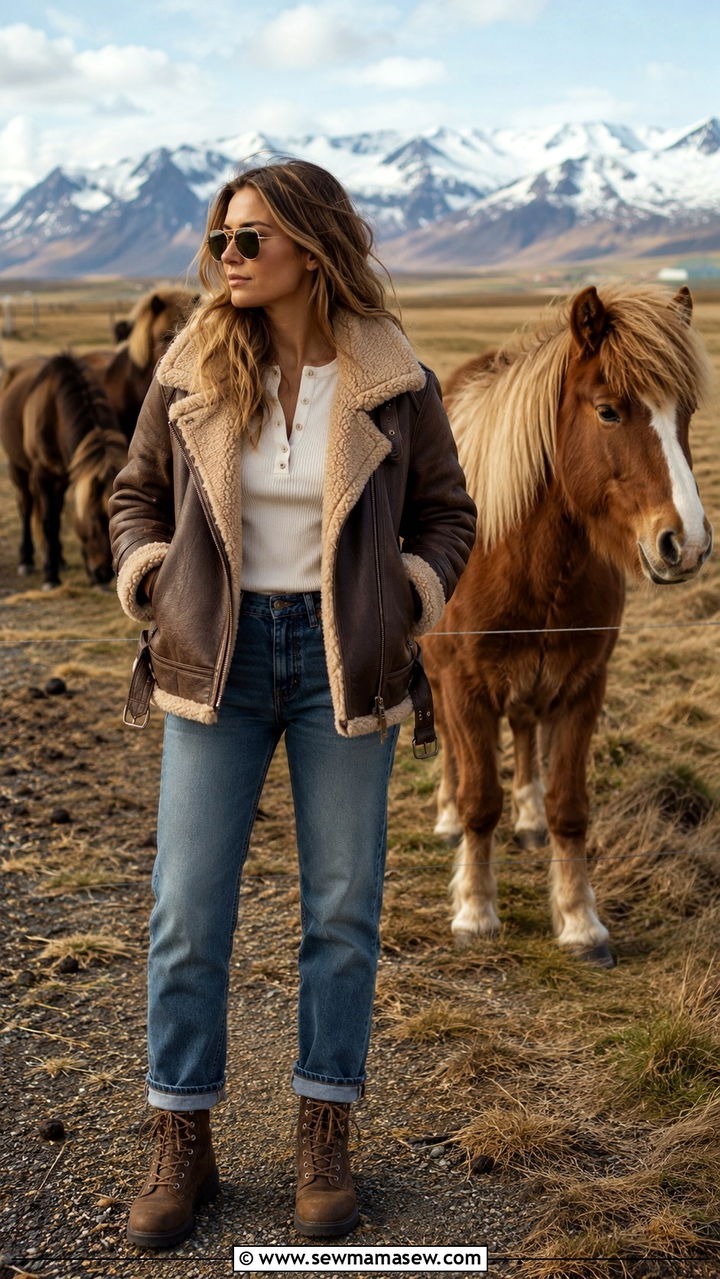 Aviator Jacket with Straight Leg Denim and Waterproof Boots - 30 Iceland outfit ideas