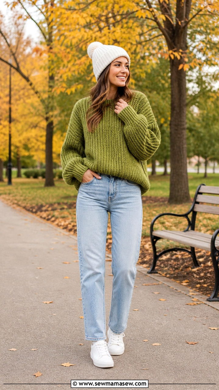 Avocado Green Chunky Knit Sweater and Jeans - 40 avocado green outfit ideas