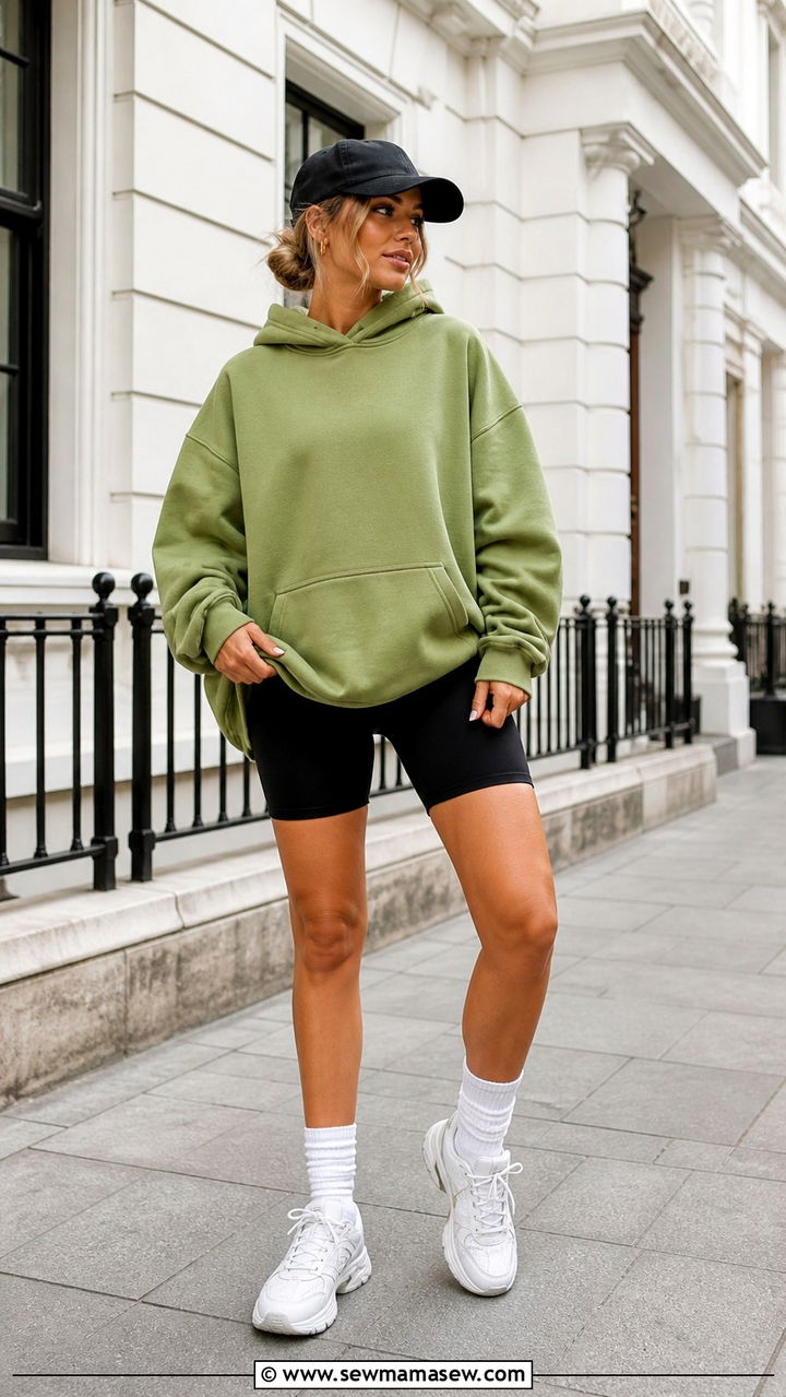 Avocado Green Hoodie and Biker Shorts Outfit - 40 avocado green outfit ideas