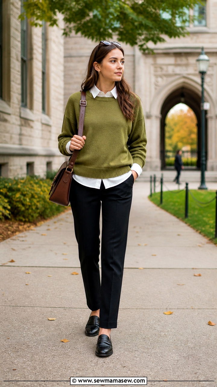 Avocado Green Layered Sweater and Collared Shirt Outfit - 40 avocado green outfit ideas